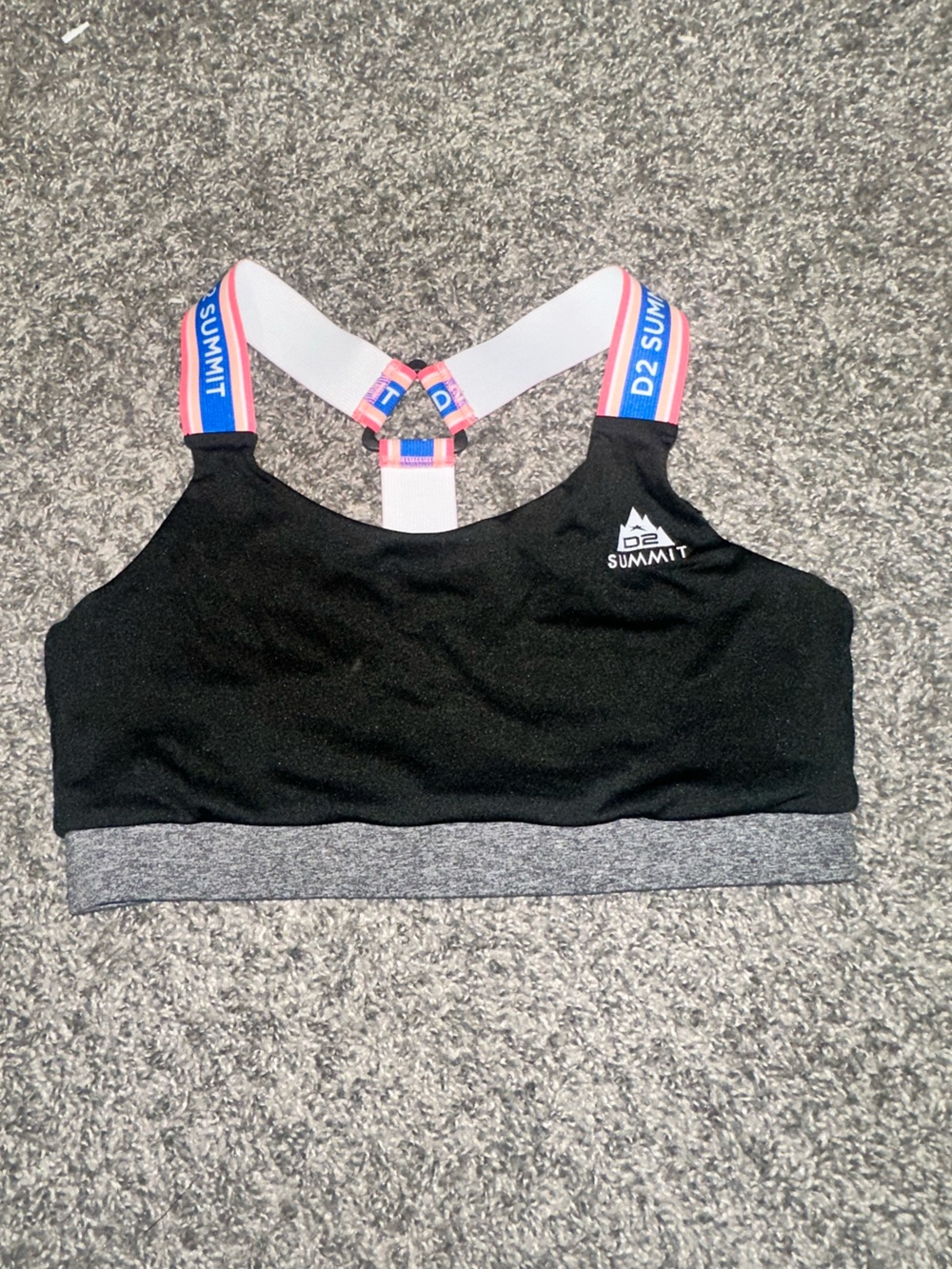Varsity Black Sports Bra with Pink & Blue Straps